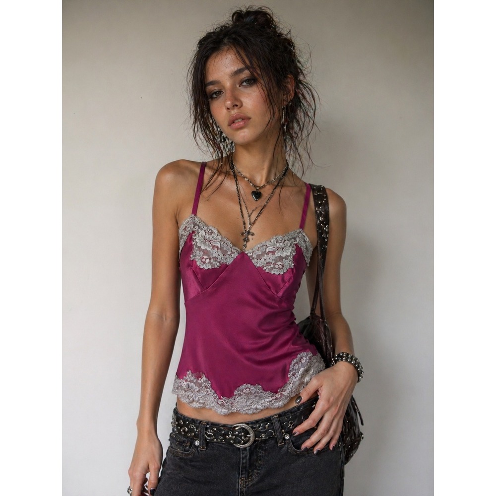 Y2K Express Babydoll Silk Camisole XS Magenta Pink Lace Trim Indie Sleaze Fairy